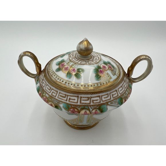 Vintage Nippon‎ Moriage Creamer and Covered Sugar Maple Leaf Gold Beaded - Picture 4 of 9